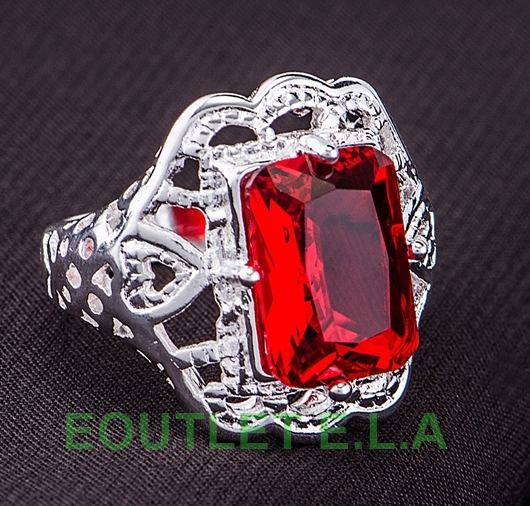 LARGE EMERALD CUT RUBY CZ SILVER DRESS RING-size 8